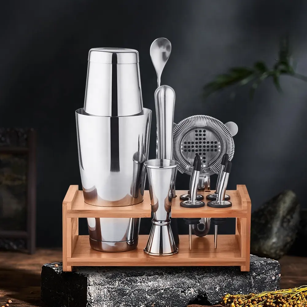 Création Usine Offre Spéciale Bambou Bois Stand Kit Barman Barware Boston En Acier Inoxydable Cocktail Shaker Coctelera Set Barman