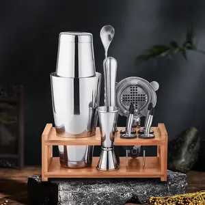 Creation fabrika sıcak satış bambu ahşap standı kiti barmen Barware Boston paslanmaz çelik kokteyl Shaker Coctelera seti barmen