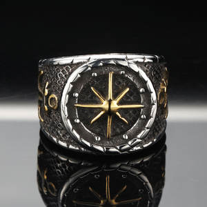 Bagues pour hommes style punk tendance, motif ancre et <span class=keywords><strong>camée</strong></span>, en acier inoxydable plaqué or et argent, avec motif étoile à huit branches en relief - Product Image 4