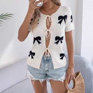 Suéter <span class=keywords><strong>de</strong></span> <span class=keywords><strong>Punto</strong></span> con Lazo y Bloques <span class=keywords><strong>de</strong></span> Color, Estilo Casual y Sexy, Primavera/Verano 2026, Cárdigan para <span class=keywords><strong>Mujer</strong></span> - Product Image 1
