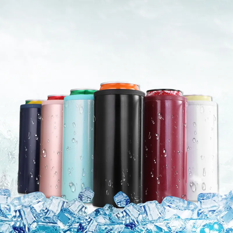 Logo personalizado de fábrica y Color, Triple aislamiento al vacío, lata delgada enfriadora de purpurina para latas delgadas de 12 oz