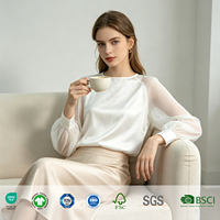 Chemisier en Soie Organza à Manches Lanterne pour Femme, Col Rond Raglan, Blanc Nacré, Satin Transparent, Chic et Élégant, Vente en Gros