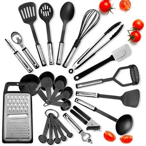 Ensemble de 24 ustensiles de cuisine en nylon et acier inoxydable avec poignées résistantes à la chaleur, compatibles lave-vaisselle, pour usage domestique - Product Image 1
