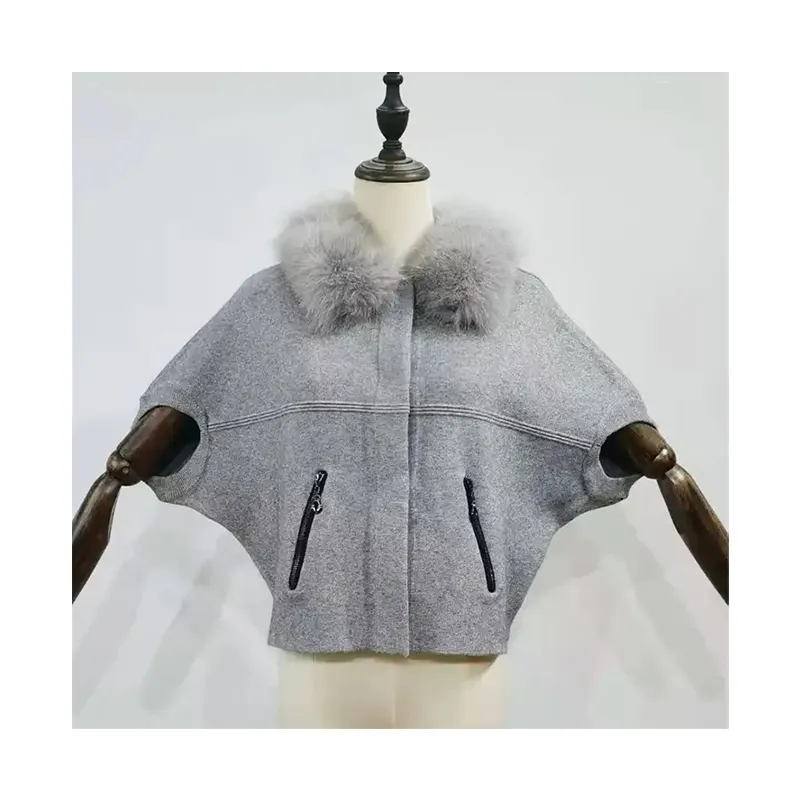 New Design Hot Sale Batwing Sleeve Wool Knitted Coat Women Short Half Sleeve Knitted Women Cardigans Sweater With Fox Fur Collar