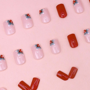Uñas Postizas Reutilizables con Diseño Floral Fresco, Sencillo y Dulce en Tonos Rosa y Rojo para Navidad, Fiestas y Uso Diario, Venta al Por Mayor - Product Image 3