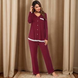 Damen Klassischer Freizeit-Pyjama-Anzug V-Ausschnitt 2-teilig Langarm Gestrickt Weich Elastische Taille Herbst Atmungsaktiv Einfarbig Spitze - Product Image 2