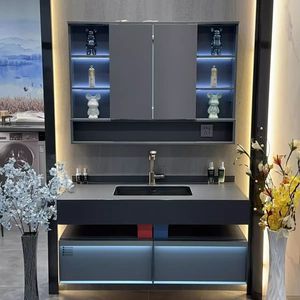Lavabo Empotrado en Losa de Piedra, Mueble de Baño Plegable Inteligente Minimalista, Encimera de Madera Maciza Multicapa Gris - Product Image 2