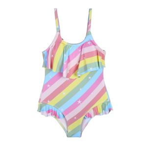 Traje de baño de una pieza con rayas arcoíris para niñas Buonic, con volantes, talla 4/6 6/8 8/10 10/12, traje de baño para niños, piscina, playa - Product Image 1