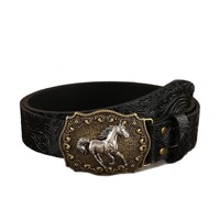 Ceinture américaine en cuir PU à motif herbe Tang, tête de cheval et tête de veau embossées, boucle lisse en alliage, longueur réglable