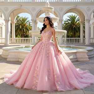 Robe de soirée Jancember 8513, magnifique robe de bal rose sans bretelles avec fleurs appliquées - Product Image 1