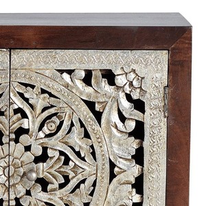 Nouvelle armoire latérale en bois massif à deux portes, sculptée à la main avec un beau bicolore pour le salon, la chambre à coucher, style indien, armoires de cuisine - Product Image 4