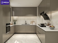 Ensemble d'armoires de cuisine modernes modulaires écologiques en MDF laqué en forme de U Vialla avec robinet et plan de travail stratifié pour appartement - Vente en gros