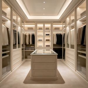 Light Wood Color Walk-in <strong>Wardrobe</strong> Cabinet Body with a Central Island Dressing Table and LED Lighting Bedroom Furniture <strong>Set</strong> - Product Image 2