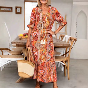 <span class=keywords><strong>Vestidos</strong></span> Largos Casuales de Verano con Estampado Floral de Canal 2026 para Mujer, Corte Holgado, Cuello en V, Media Manga, Estilo Bohemio, Vestido Fluido para Vacaciones - Product Image 3