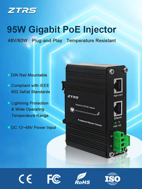 95W PoE Injector 10/100/1000Mbps IEEE 802.3bt Standard PoE++ Power Adapter for Network Devices
