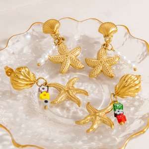 Boucles d'oreilles pendantes en acier inoxydable, thème océan, étoile de mer, coquillage, plaqué or, alliage de zinc, bijoux fantaisie EH11776 - Product Image 3