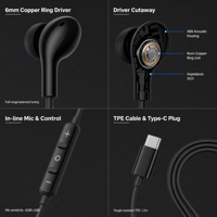Audífonos Intrauditivos con Cable Tipo C de Alta Resolución, Decodificación Digital, Impedancia de 32 ohmios, Micrófono para Llamadas Nítidas, Cable Antienredos de 1.2 m para Teléfono