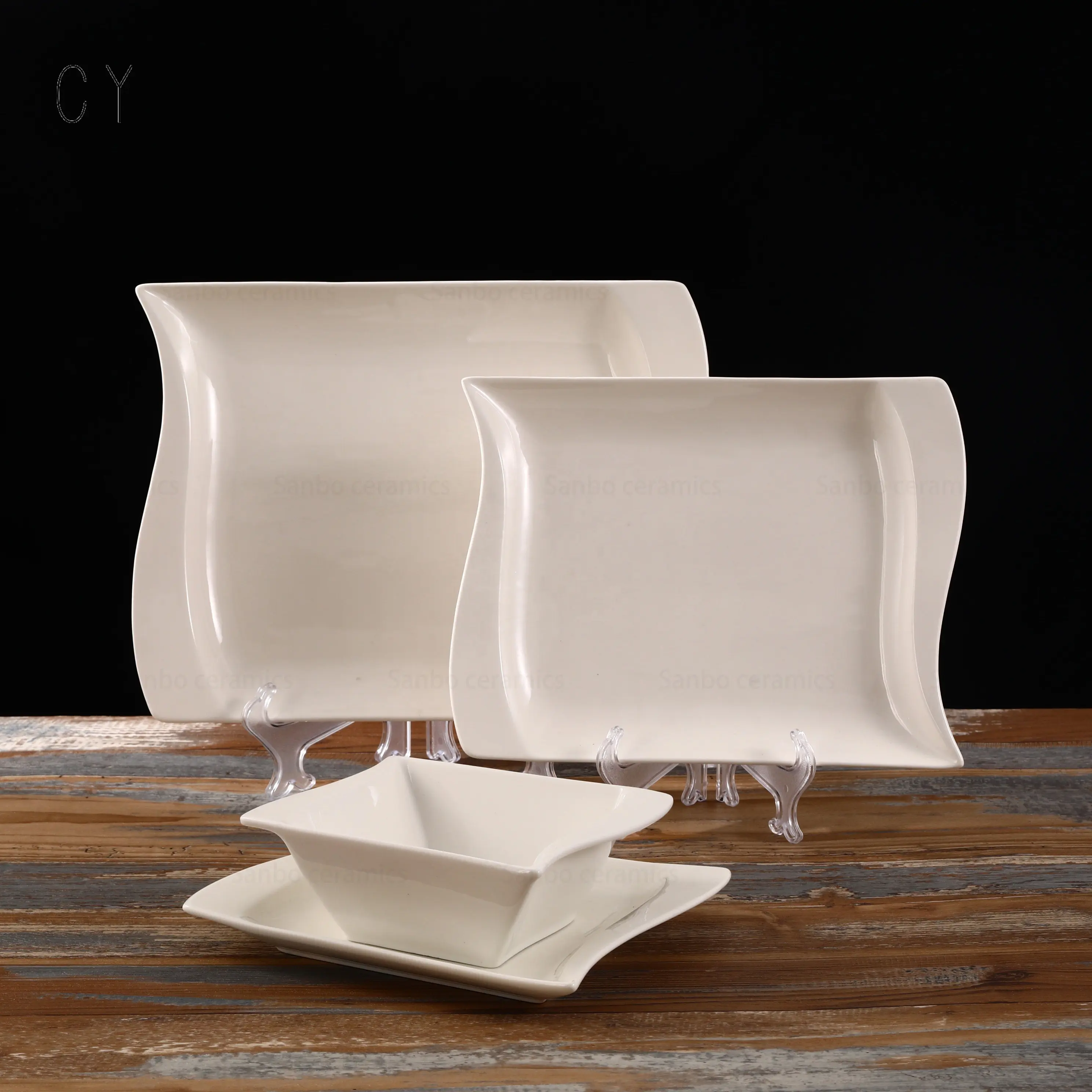 Atacado Branco Cerâmica Louça Alta Qualidade Irregular Retangular Dinner Plate Fine Ceramic Dinnerware Set