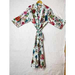 Bata Kimono de Algodón Estampada a Mano: Chaqueta Ligera Azul Estilo Boho para Invierno con Cinturón, Venta al por Mayor - Product Image 2