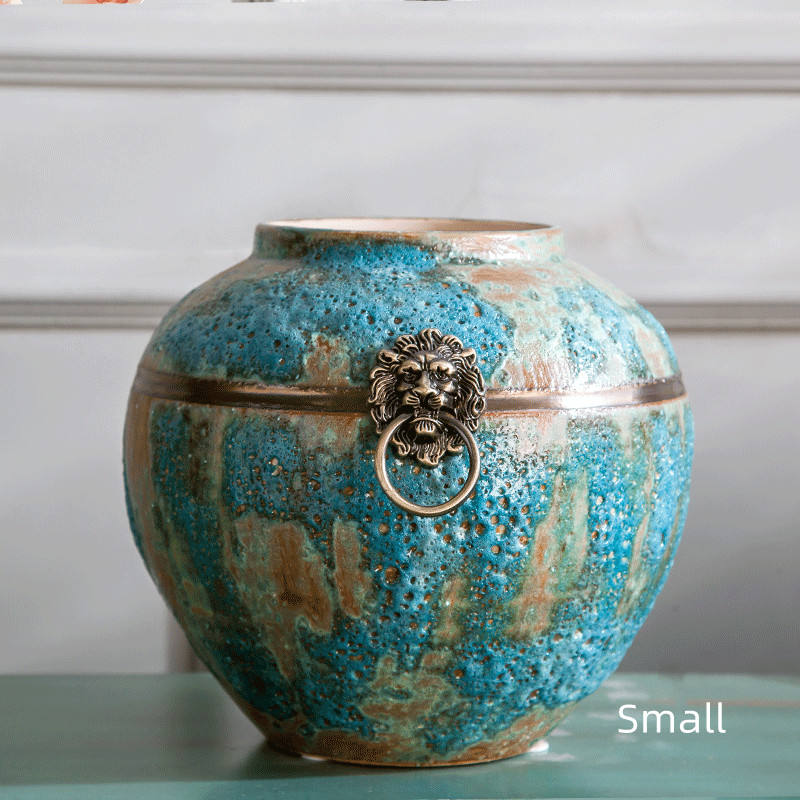 Grand Vase en céramique émaillé à bulles bleues avec anneau en cuivre