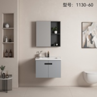 Meuble-lavabo de salle de bain au design moderne flottant avec porte miroir, structure en bois massif/contreplaqué, vasque en céramique pour usage hôtelier