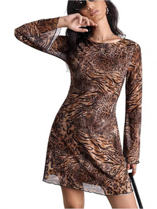 Robes élégantes pour femmes, tenues dos nu à manches longues, imprimé léopard, maille transparente, moulante, pour club, soirée, mini-vestidos, mode été - Product Image 2
