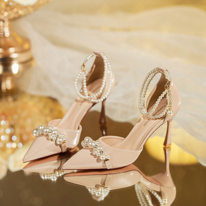 Escarpins à bout pointu avec bride de cheville perlée, talon aiguille, chaussures de mariée pour mariage, élégantes chaussures à talons hauts pour femmes, taille 35 à 40 - Product Image 1