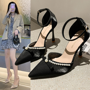 Sapatos de Salto Alto com Laço de Pérola para Mulheres, Sandálias de Salto Alto - Product Image 4