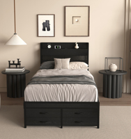 Sofá Cama Doble Moderno con Cajones de Almacenamiento, Base de Metal Negra, Estructura de Cama Individual