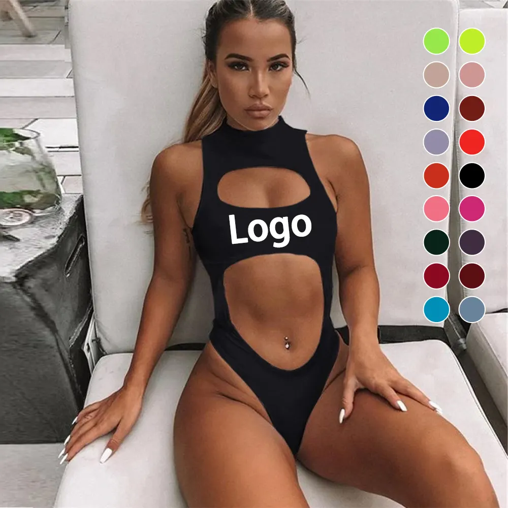 Traje de baño de una pieza para mujer, bañador negro con logotipo personalizado, Sexy, cuello alto, ropa de playa, OEM