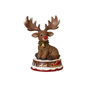 งานฝีมือเรซิ่นโพลีเมอร์น่ารัก - กวางเรนเดียร์จมูกแดงพร้อมปลอกคอกระดิ่ง บนฐานรถเลื่อน เหมาะสำหรับตกแต่งคริสต์มาสในบ้านสไตล์ตะวันตก - Product Image 1