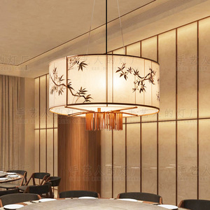 Lustre en tissu de style chinois, rond, doré, E27 LED, protection des yeux, pour restaurant, hôtel, salle de banquet - Product Image 3