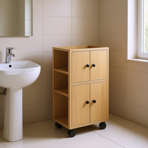 Mobiletto da Bagno Compatto Autoportante Colore Rovere con 2 Ripiani e 4 Ruote - Product Image 2