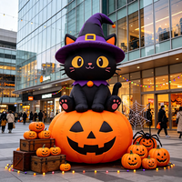 Décoration gonflable d'Halloween personnalisée : Chat noir tenant un fantôme citrouille en tissu Oxford pour fêtes, événements, jardins et cours