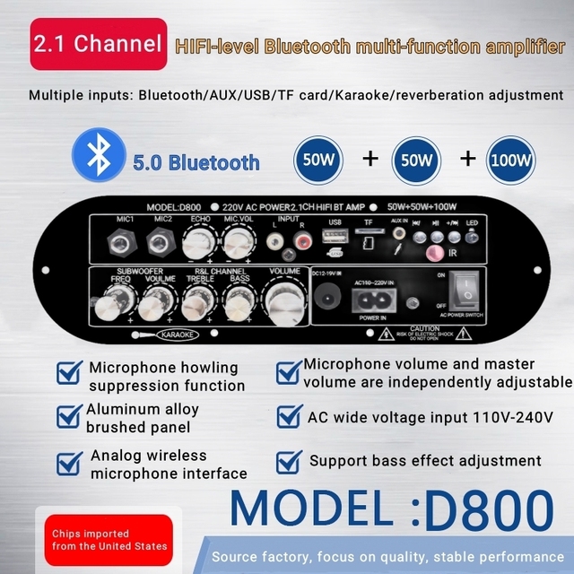 Mini Professional 2.1 Channel DJ Amplifier Home Subwoofer with 5.0 TF Card Aluminum Alloy 12-24V USB MIC FM Receivers Amplifiers