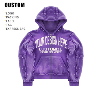 Sweat à capuche zippé en coton épais 100 % écologique pour homme, style streetwear oversize en molleton bouclette avec strass et patchwork, coupe carrée, OEM - Product Image 3