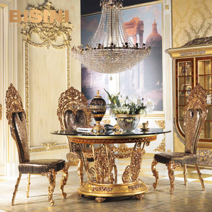 Table à manger longue plaquée or de style palais impérial royal avec 6 chaises pour salle à manger de villa - Product Image 6