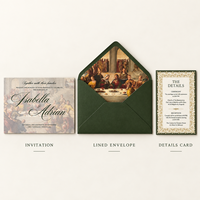 Carte de mariage vintage style Renaissance, peinture à l'huile classique, papeterie de mariage avec enveloppe et carte d'insertion détaillée