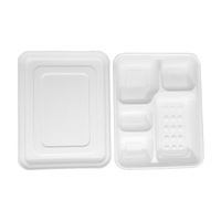 Plateau repas rectangulaire moderne biodégradable et écologique en bagasse de canne à sucre de haute qualité à 5 compartiments avec couvercle en pulpe PET