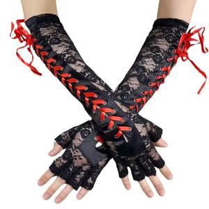 Gants longs pour femmes de haute qualité, sexy, en dentelle noire et blanche, à demi-doigts, avec ruban, pour fête d'Halloween - Product Image 1
