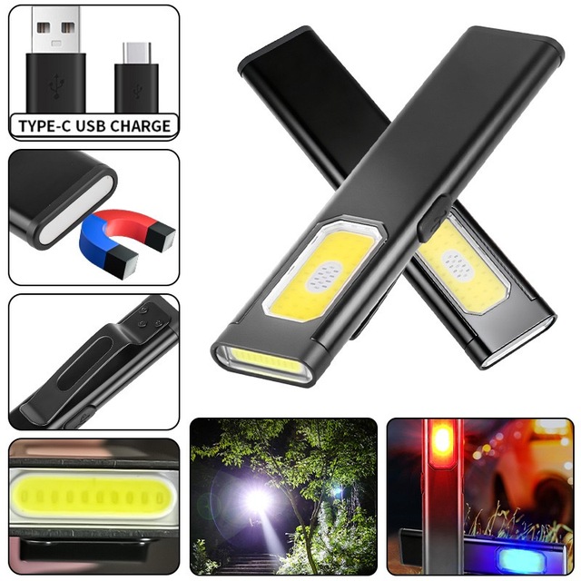 Super Thin Strong Magnet Waterproof Portable COB Worklight Red Blue Warning Aluminum Alloy Flashlight Rechargeable Edc Pen Light