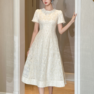 ZYHT 21747 Abito <span class=keywords><strong>da</strong></span> Sera di Lusso in Pizzo Bianco, Elegante Vestito Midi Ricamato con Paillettes, Stile Vintage Francese a Linea A <span class=keywords><strong>per</strong></span> Feste e Balli - Product Image 1