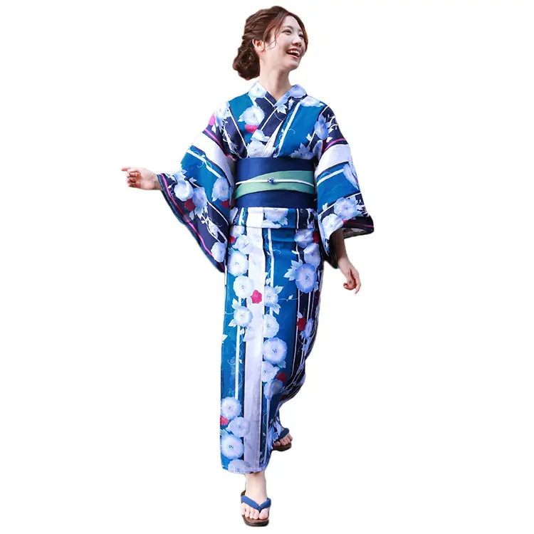 ユカタレディースカスタムメイド伝統的な日本の女性ブルーモーニンググローリームジェ着物サマーユカタドレス