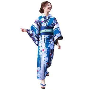 Yukata Women Custom Made Traditional Japanese Ladies Blue Morning Glory Mujer Kimono Summer Yukata Dress