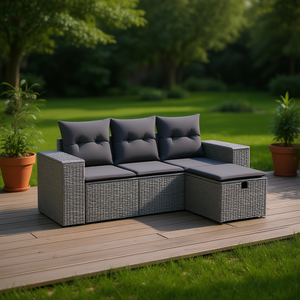 Ensemble de canapé de jardin modulaire en polyrotin gris avec structure en acier et rangement, mobilier d'extérieur 3 places - Product Image 2