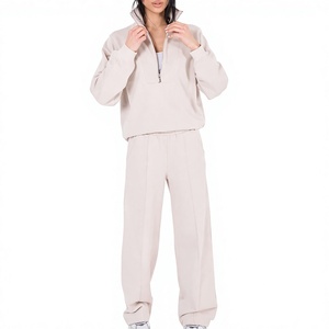 Venta al por mayor directa de fábrica, servicio OEM, logotipo personalizado, sudadera de media cremallera para mujer de 320 GSM 100% algodón y pantalones holgados de pierna ancha. - Product Image 5