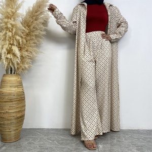 6674# Summer Fast Fashion 2 Piece Set Satin <b>Printed</b> Pant Sets With Buttons Long Cardigan Loose Women Pants for Muslim Women - Product Image 5