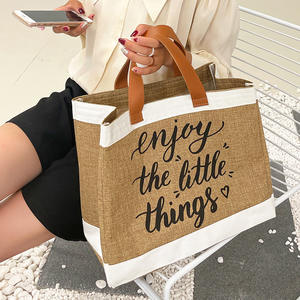 에코 친화적 인 대형 레트로 맞춤형 노란색 대마 삼베 토트 쇼핑백 가죽 핸드 헬드 캔버스 황마 토트 백 로고 - Product Image 3