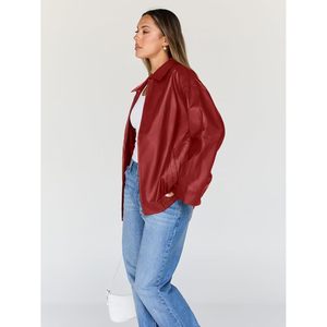 FOXA Women's Leather Bomber Jacket Oversized Full Sleeve Woven Fabric Statement Piece - Product Image 3