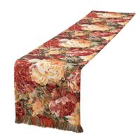 Chemin de table en jacquard tissé en coton et polyester épaissi, style vintage, écologique, personnalisable, motif floral champêtre avec pompons